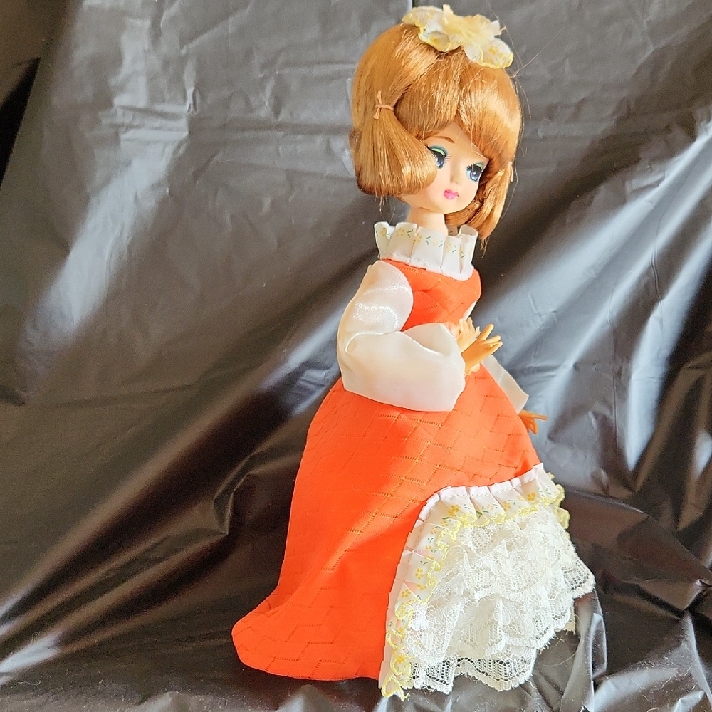 Vintage Doll in Orange Dress with Lace MUSIC BOX